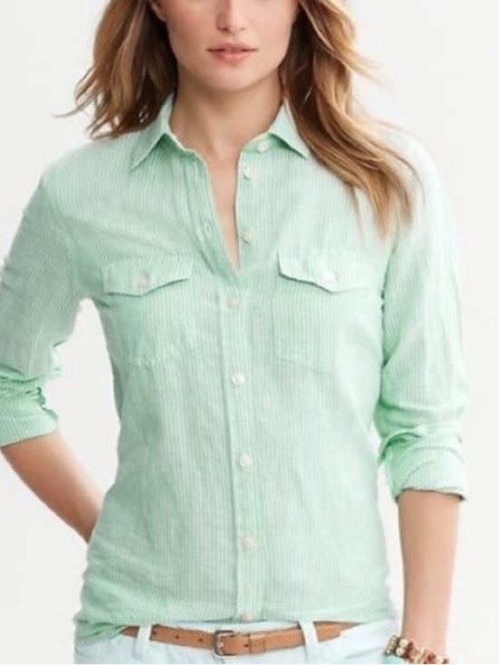 Banana Republic Tops - Banana Republic Soft Wash Linen Cotton Mint Green and White Pinstripe Shirt M
